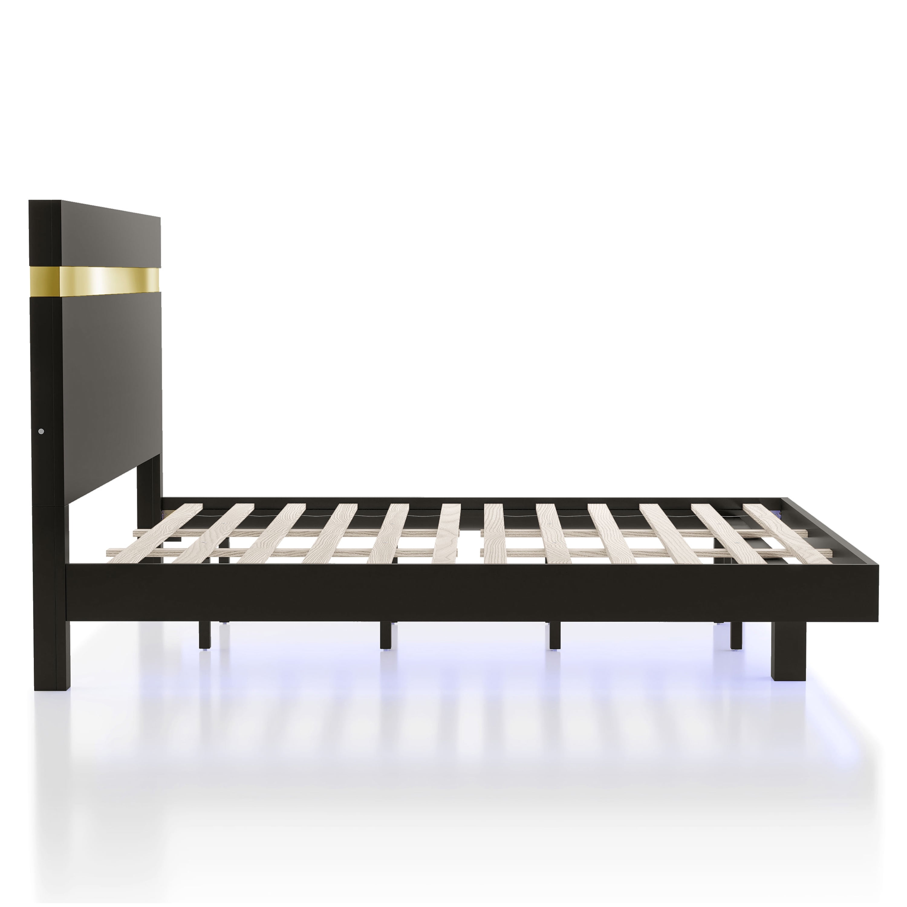 Furniture of America Chora Solid Wood Platform Bed with Underbed LED, Full, Black and Gold