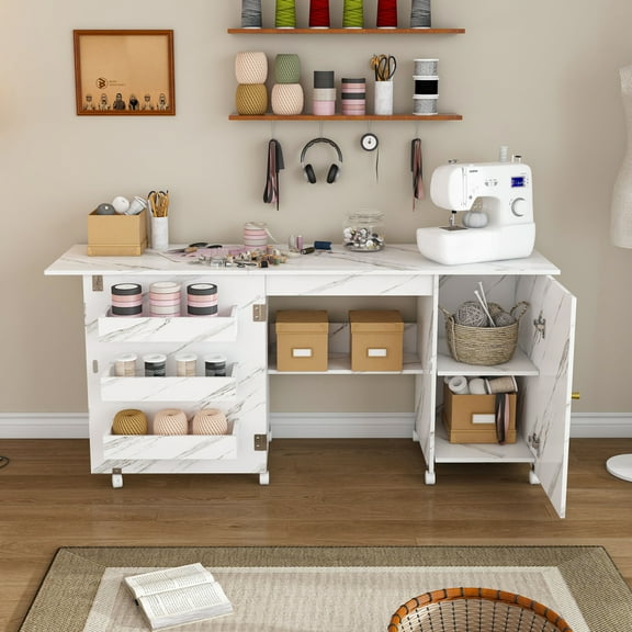 Youmumeub Foldable Sewing Machine Table, 57" Rolling Craft Station with Drop Leaf Extension, White Sewing Cabinet with Storage Shelves & 8 Lockable Casters