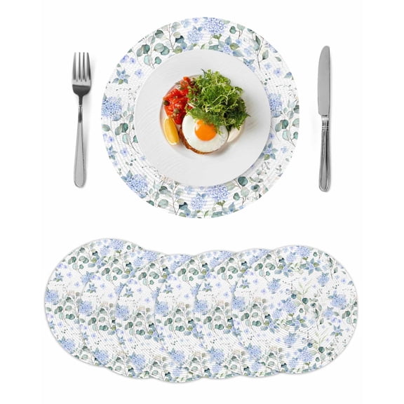 Round Placemats Blue Hydrangea Green Leaves 15 inch Set of 6 Table Mats for Dining Table Farmhouse Floral Heat Resistant Non-Slip Kitchen & Home Decorative Place Mat Set