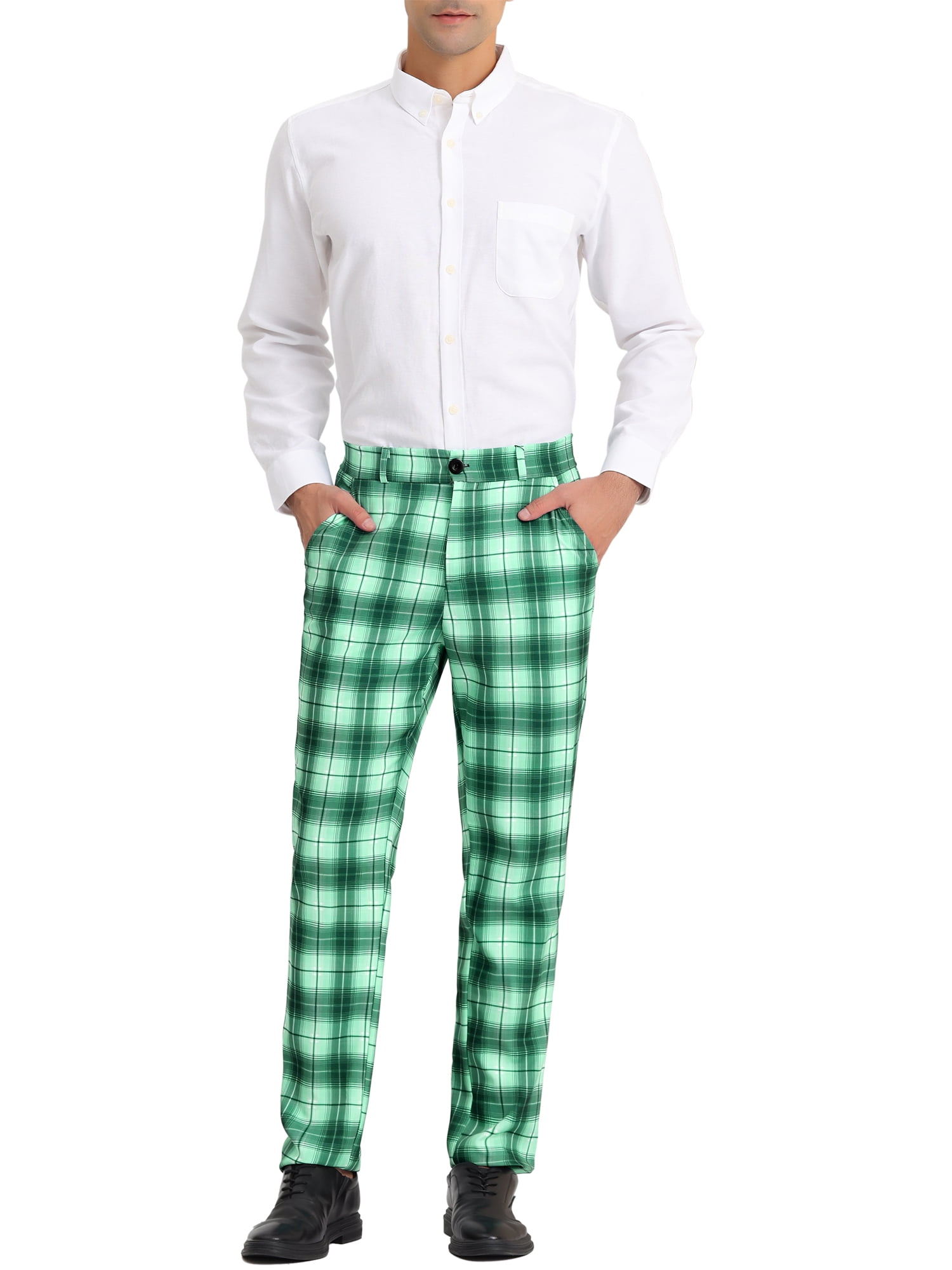 Unique Bargains Men's Plaid Slacks Regular Fit Flat Front Work Prom Checked Pants 36 Light Green