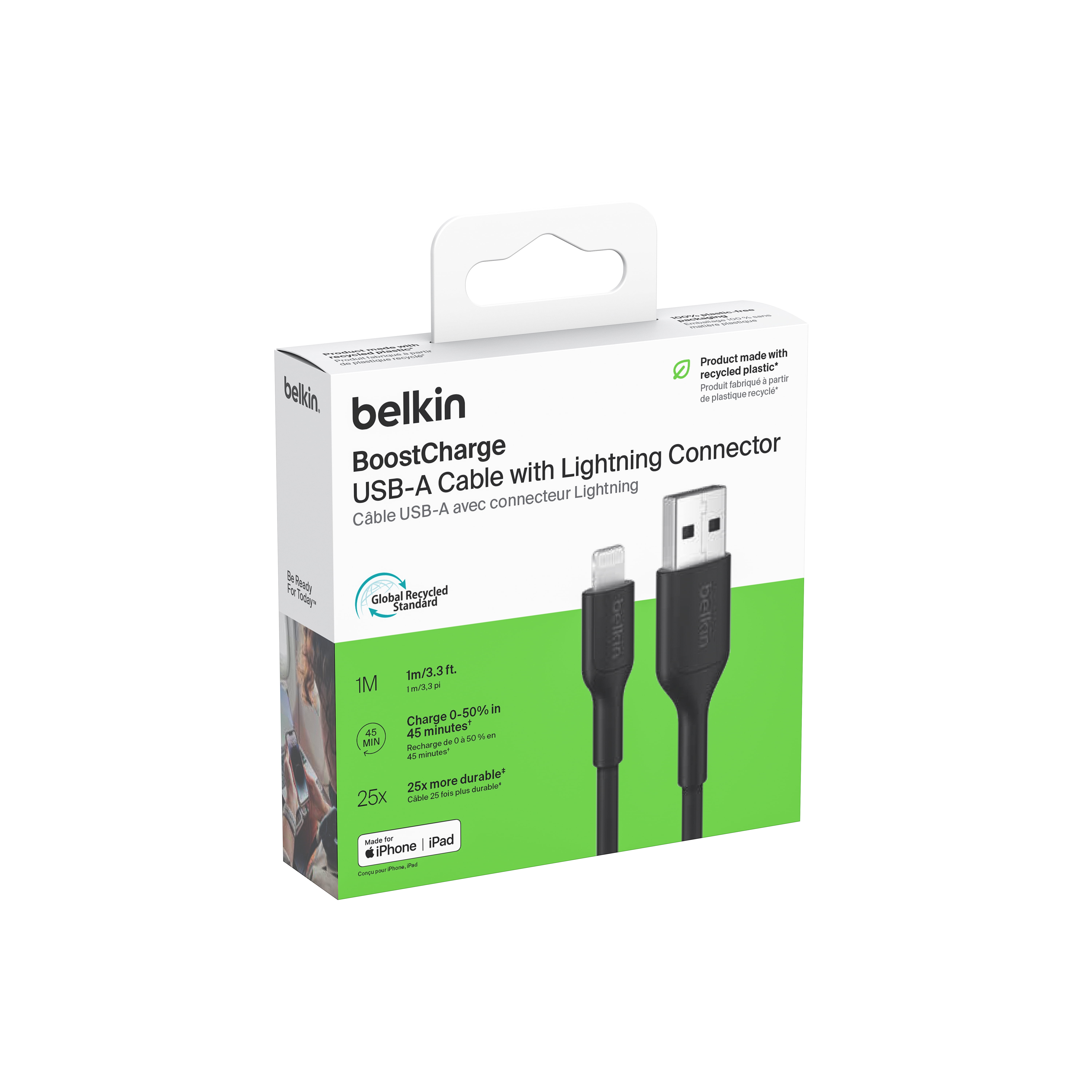 Belkin BoostCharge Eco USB-A to Lightning Cable (1M/3.3ft.) - Soft, Flexible Fast-Charging Cable, Lightning iPhone Charger Cord for iPhone 14 & Earlier Series, iPad 9th Gen, & AirPods - Black