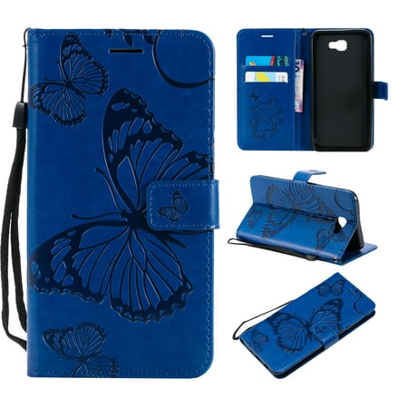 Galaxy J7 Perx Case,Galaxy J7 Prime / J7 V/ J7 Sky Pro/Halo Case - Allytech Wallet PU Leather Embossed Butterfly Protecive Case Flip Cover with Hand Strap for Samsung Galaxy J7 V 2017, Blue