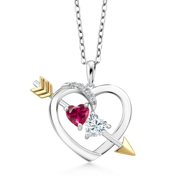Gem Stone King 925 Sterling Silver and 10K Yellow Gold Moissanite and Red Created Ruby Pendant Necklace for Women (1.14 Cttw, Heart Shape 5MM with 18 inch Chain)