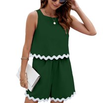 SWSMCLT Women's Cute 2 Piece Set Summer 2 Piece Slit Pocket Matching Set Short Fashion Casual Scallop Sleeveless Dark Green X-Large