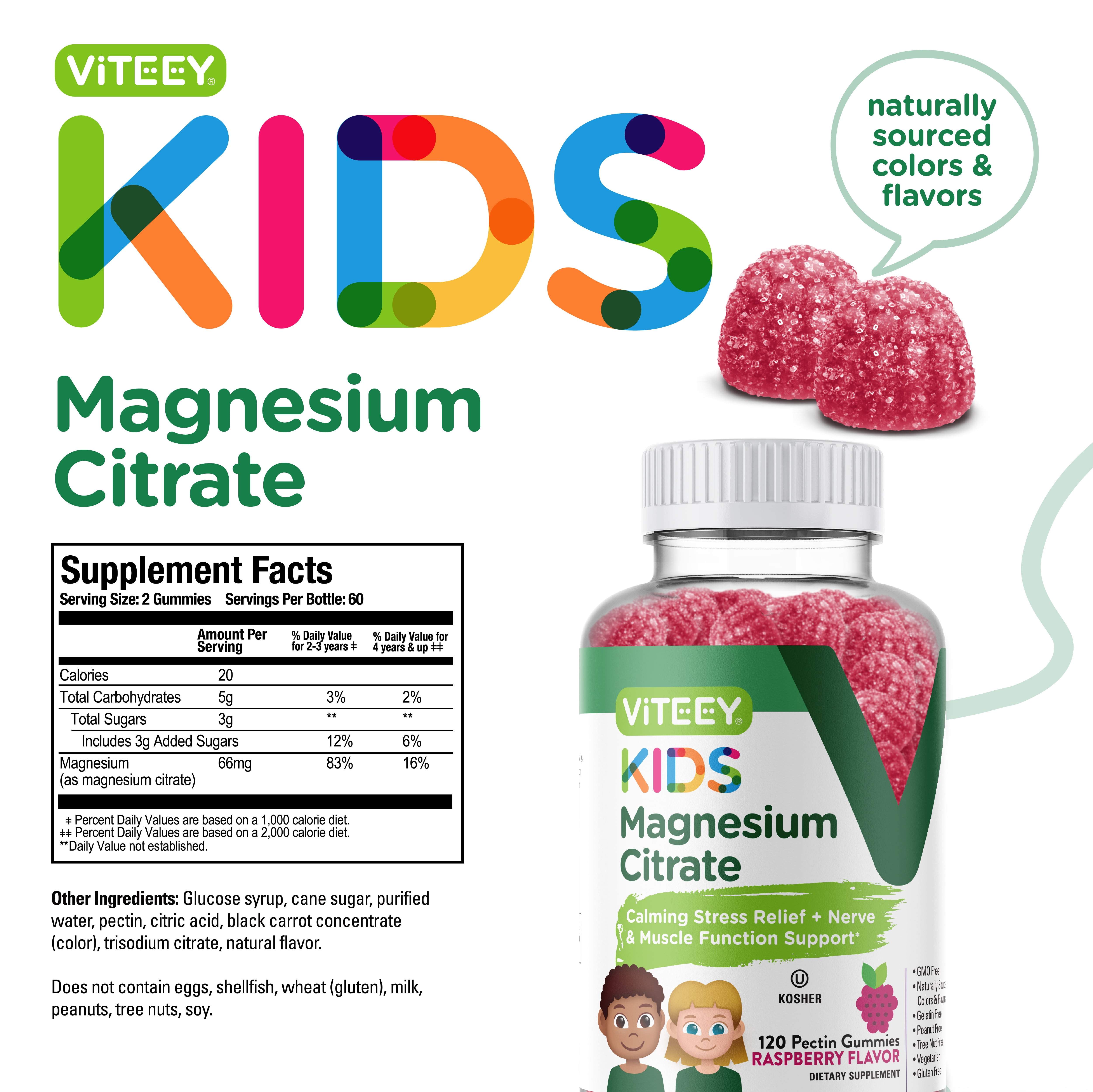 Viteey Kids Magnesium Gummies, Calm Magnesium Supplements, Raspberry Flavor, 120ct