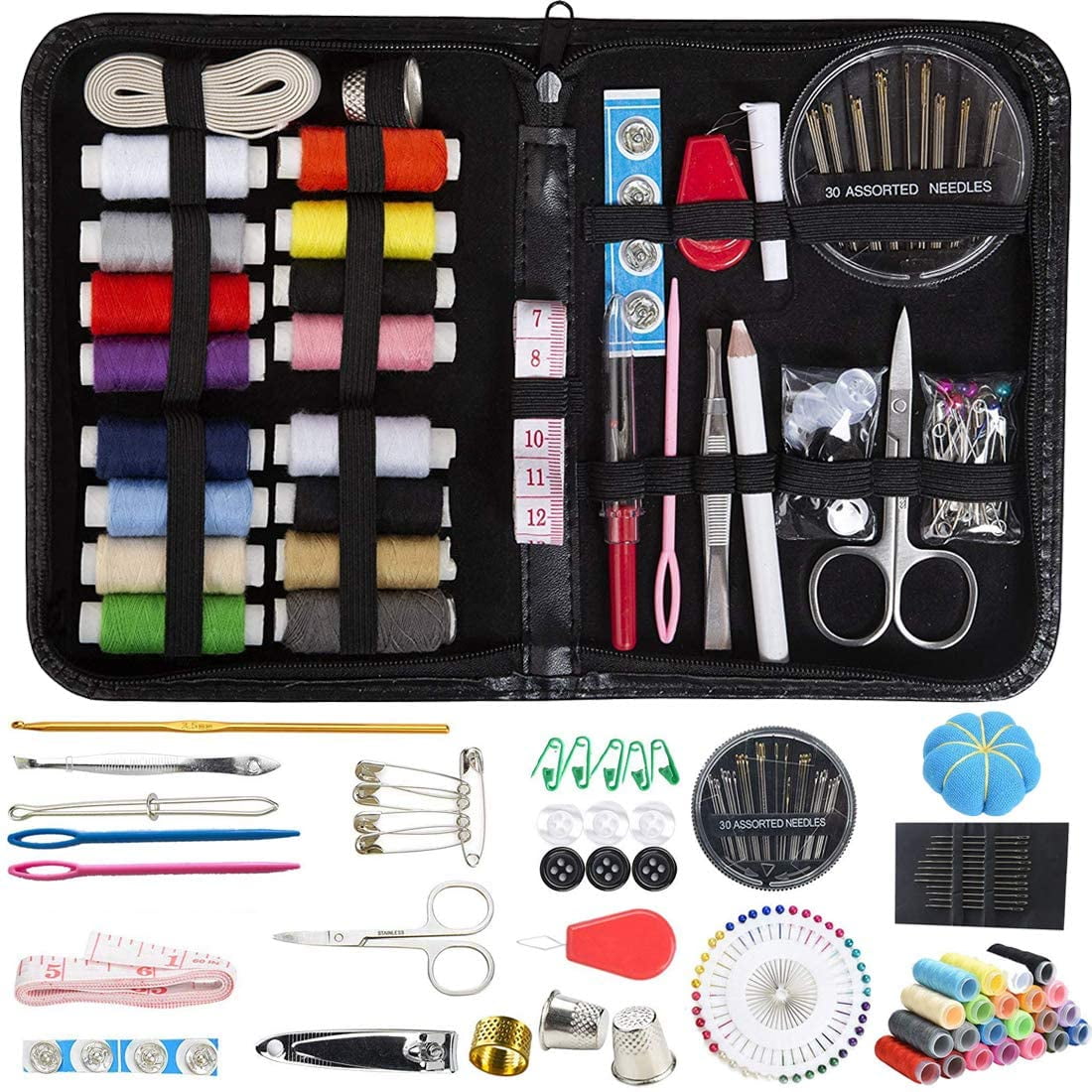 JUNSHUO Sewing Kit,Essential Sewing Tools Kit Needlework Box Set，Premium Sewing Supplies with PU Case Suitable for Home Travel and Emergency Use with Scissors,Thimble,Thread,Needle Black 