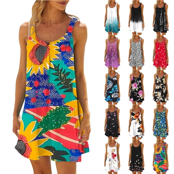 Baikeli Women's Casual Sundress Summer Beach Dress Floral Print Sleeveless Mini Dresses V Neck Loose Tank Dress Multicolor S