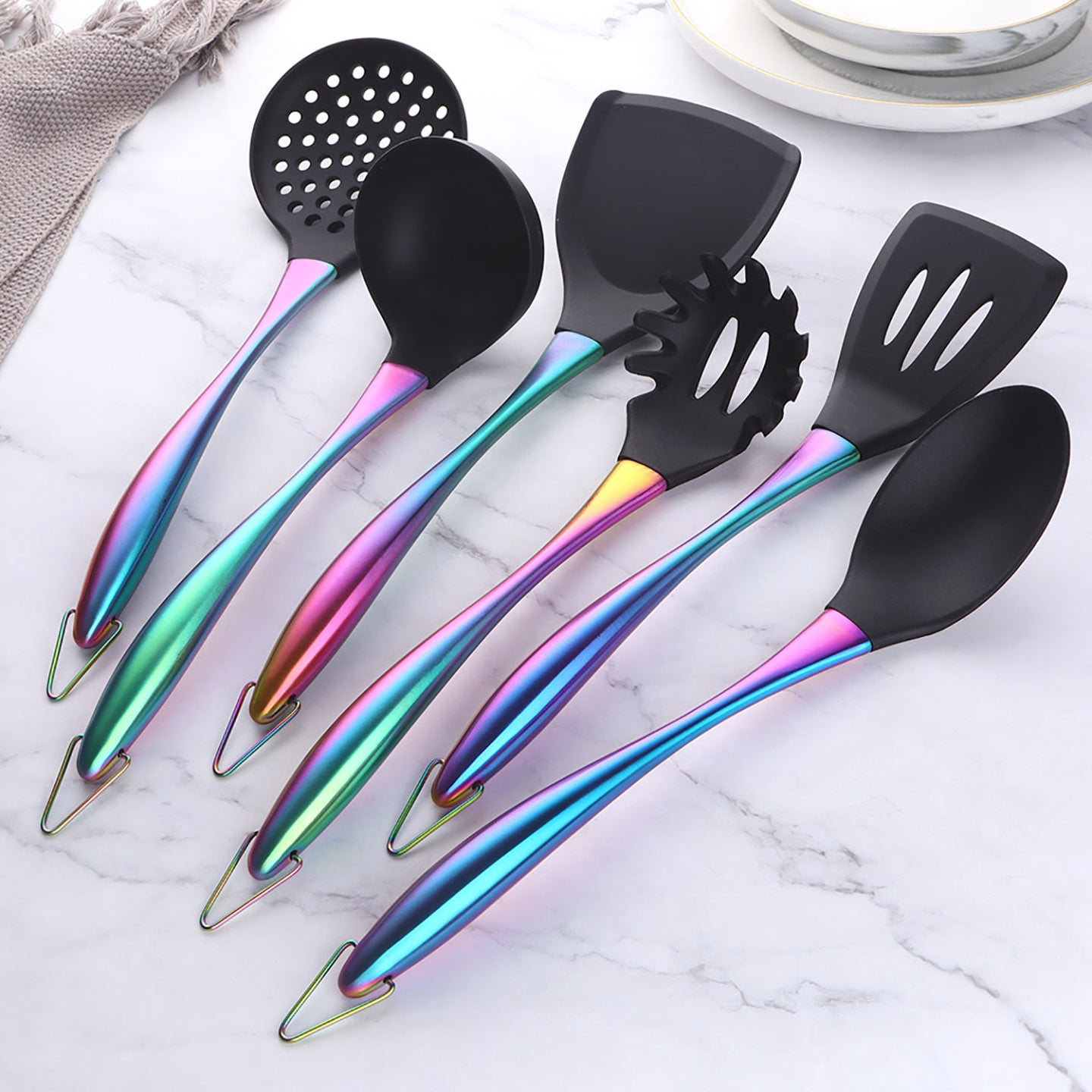 Silicone Cooking Utensils Set, 6-Piece Non-Stick Kitchen Utensil Set with Titanium Stainless Steel Handles & Holder, Spatula, Spoon, Tongs for Baking, Grilling & Frying - Dishwasher Safe,  Rainbow