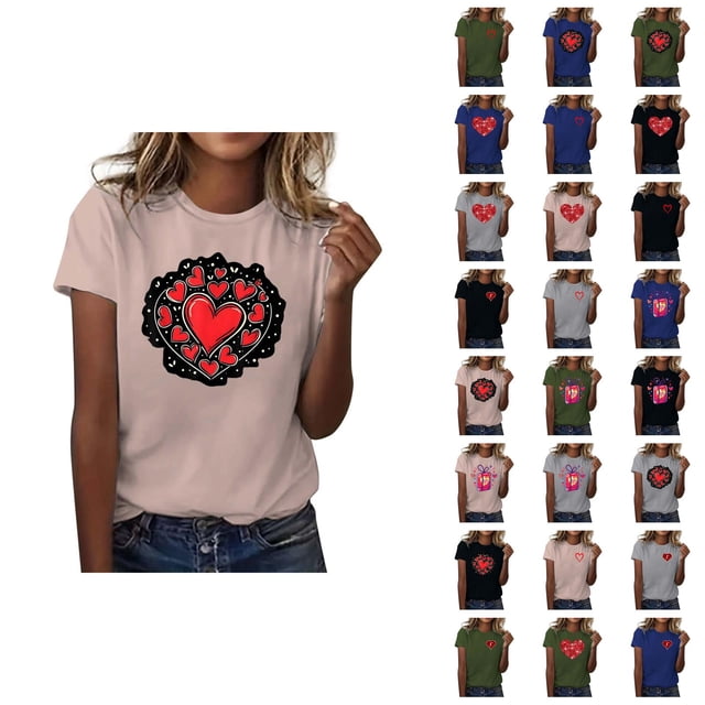 T-shirts de la Saint-Valentin pour Femmes 2026 Mode Manches Courtes Col Rond Cœur Graphique