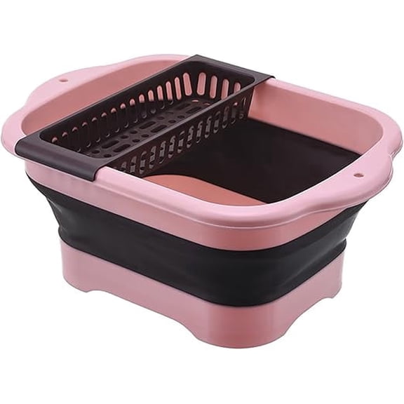 2.98 Gallon (11.28L) Collapsible Dish Basin with Drain Plug, Outdoor Multiuse Foldable Sink Tub, Dishpan, Wash Basin, Portable Kitchen Storage Tray for Camping, RV, Beverage Bucket (Pink)