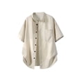 thumbnail image 3 of Hesxuno Men Big and Tall Button Down Shirts Solid Color Short Sleeve Untucked Shirts Mandarin Collar Loose Fit Summer Comfortable Tops Beige L, 3 of 8