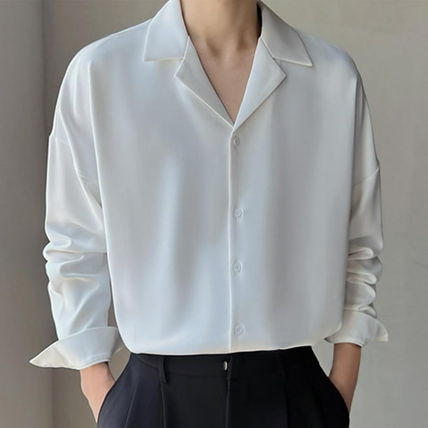 pstuiky manga larga para hombre, Camisa informal de verano para hombre, de seda helada, estilo maduro, color liso, cuello cubano, manga larga camisetas de hombre m