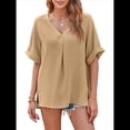 thumbnail image 3 of Camisas de Corta con Cuello en V para Mujer, Blusas Informales de Negocios, Blusas de Trabajo Holgadas Caqui XXL, 3 of 7