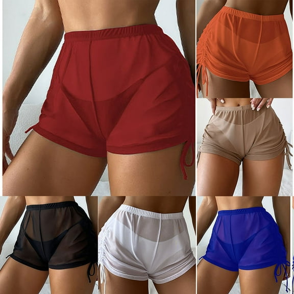 YangJinLian See Through Pajama Shorts for Women Drawstring Side Mesh Sheer Beach Summer Cover Up Shorts Bikini Bottoms White