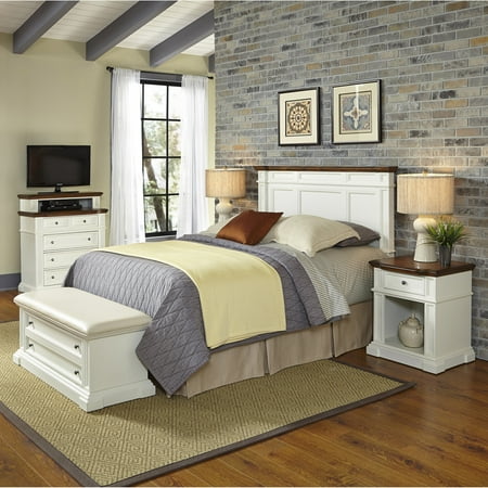 Home Styles Americana King/California King Headboard, 2 Night Stands, Media Chest and Upholstered Bench
