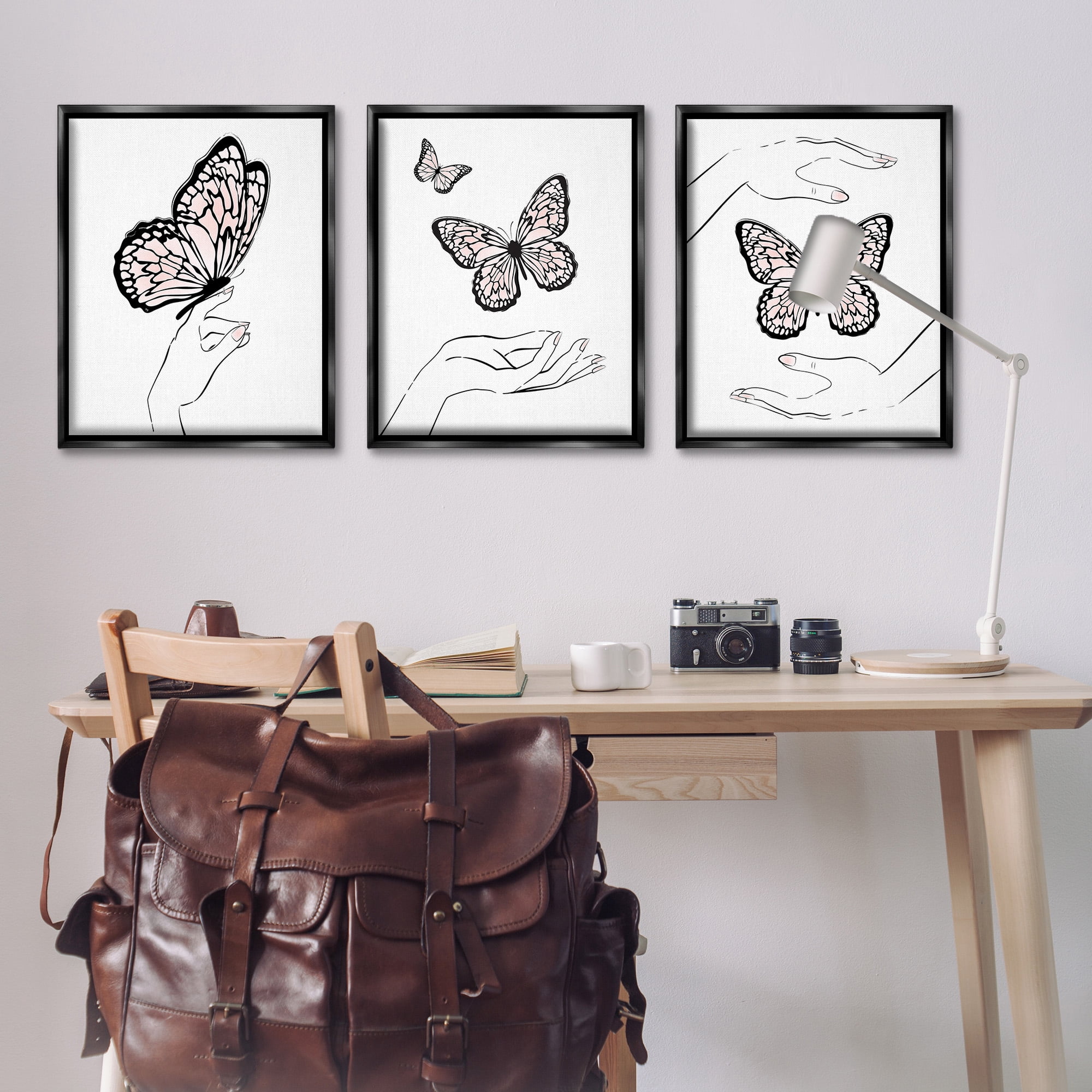 Stupell Industries Hands with Butterflies Animals & Insects Painting Black Floater Framed Canvas Art Print Wall Art, 25 x 31, Set of 3