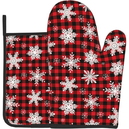 

Sunyuer Red Buffalo Plaid Snowflakes Printed Oven Mitts and Pot Holders 2 Pcs Sets Heat Resistant Oven Gloves Potholder for Kitchen Cooking Baking Decoration