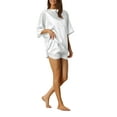 thumbnail image 4 of INSPIRE CHIC Women's Satin Pajama Set Short Sleeves T-Shirt with Shorts 2 Piece Lounge Set with Pockets L White, 4 of 5