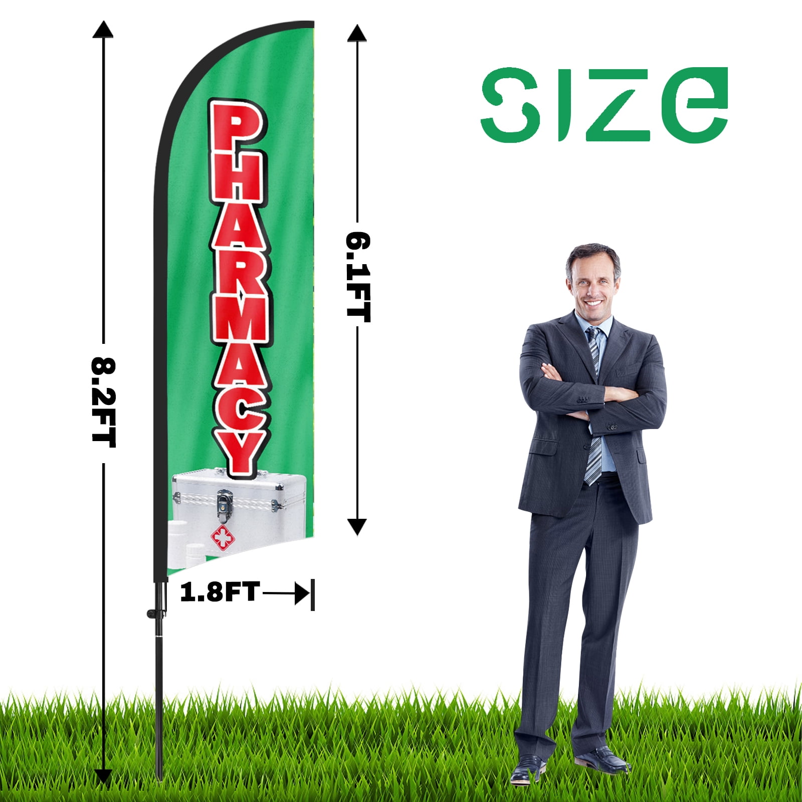 QSUM Pharmacy Feather Flag with Flag Pole Kit and Ground Spike, 8.2FT Pharmacy Windless Flag Banner Sign Business for Outdoor Advertising Sign Decoration Display