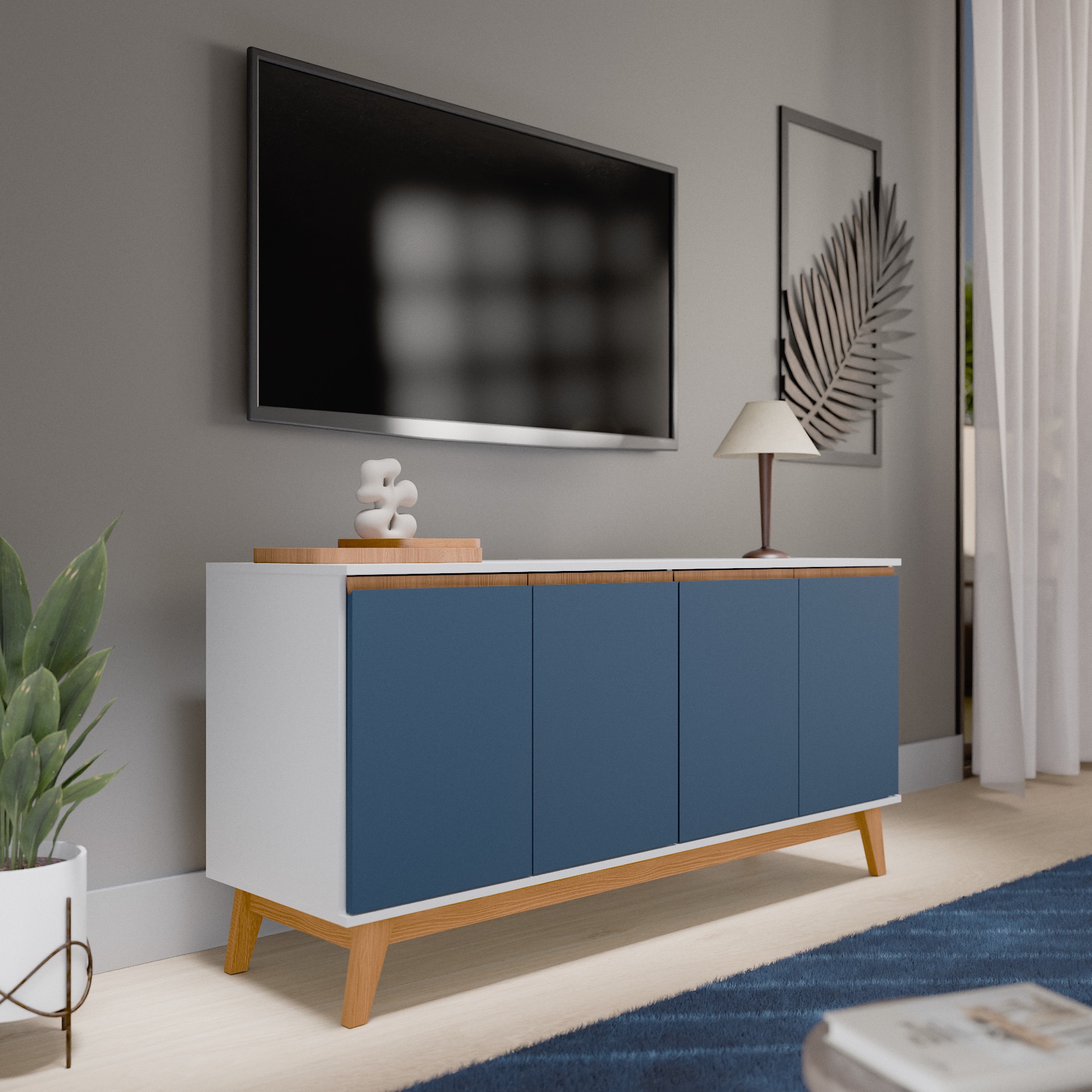 Kappesberg Tokyo 4-Door Sideboard with Soft-Close Doors and 2-Shelves, White/Blue Finish