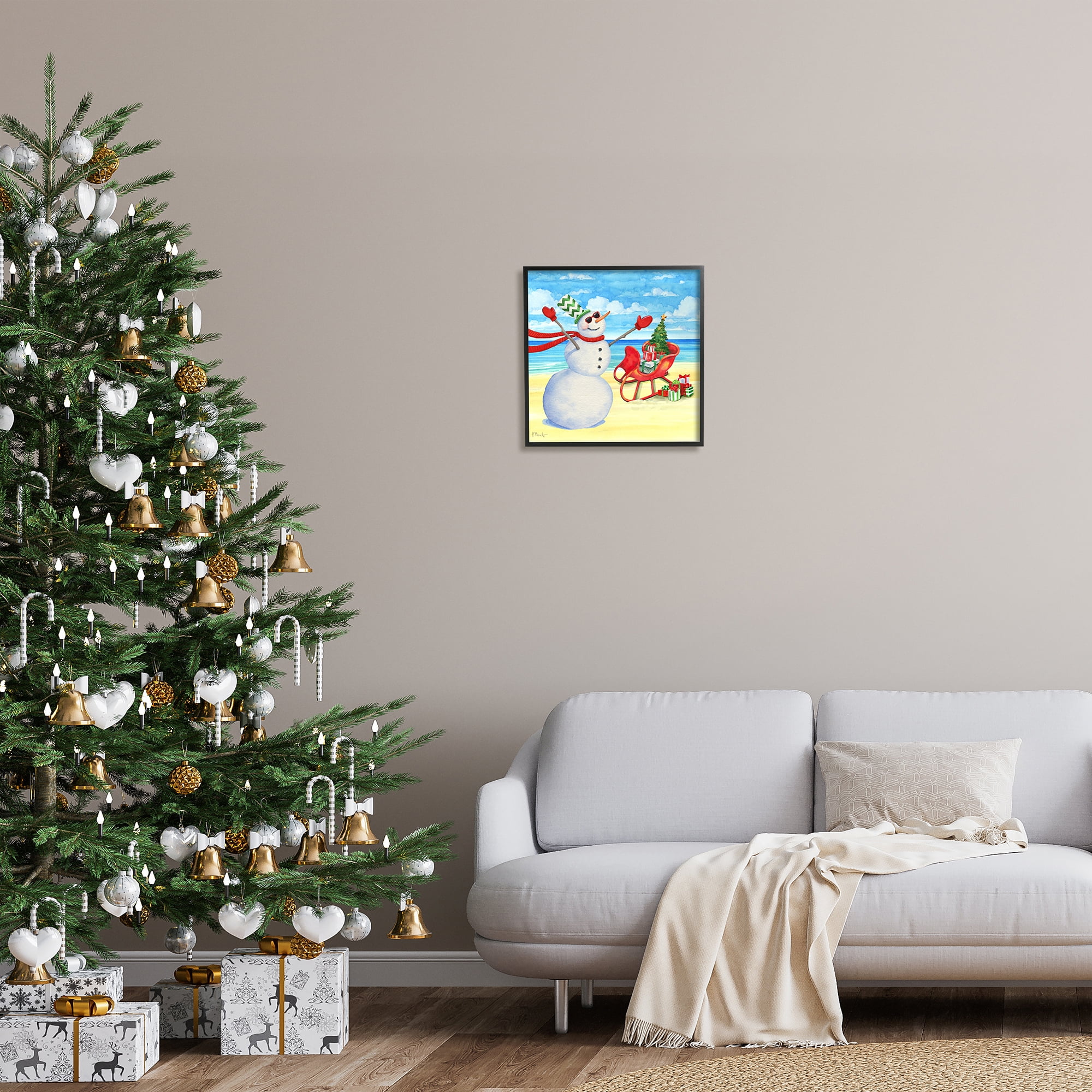 Stupell Industries Snowman on Beach Scene Holiday Painting Black Framed Art Print Wall Art, 17 x 17