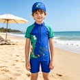 thumbnail image 5 of Rggeeun Boys Child Swimsuit Set 2Pc Cartoon Dinosaur Pattern Short Sleeve Crew Neck Front Zipper Elastic Above Knee with Cover Up Hat for Summer Pool Training Casual Beachwear,Blue,10-13 Years, 5 of 7