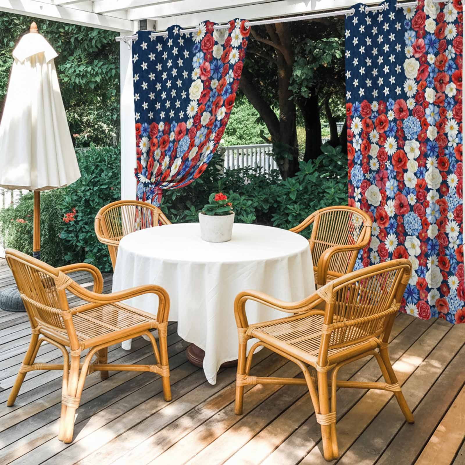 Independence Day Outdoor Curtains for Patio, Country U.S. Flag Theme Red Poppy Blue Flower Sunshade Privacy Drapes Grommet Waterproof Outside Curtains for Porch/Cabana/Balcony 54"x 108", 1 Panel