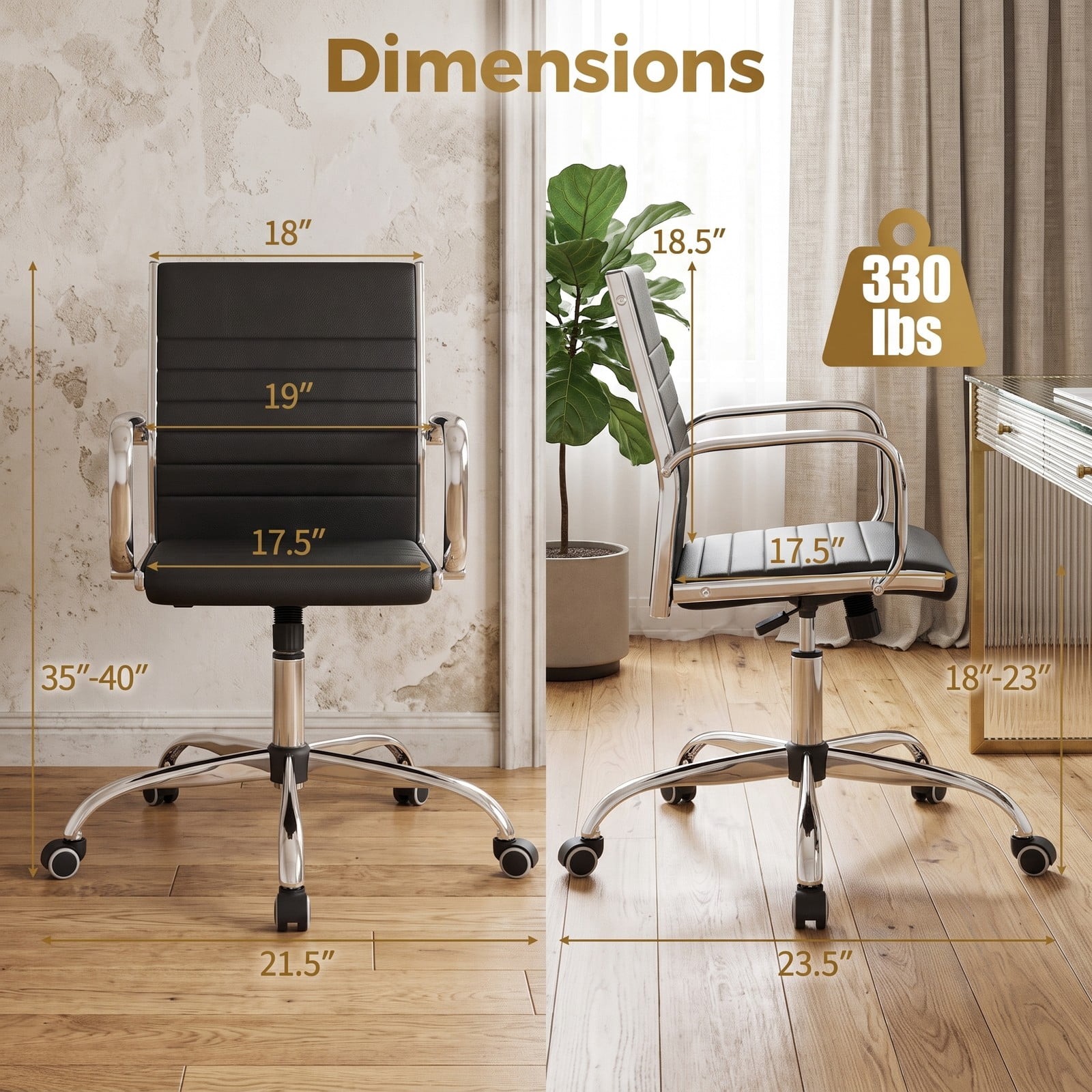 Furnibear High Back Ribbed Office Chair, Ergonomic Executive Desk Chair with Padded PU Leather, Adjustable Height, 360 Swivel, Rocking Backrest and Armrests for, Black