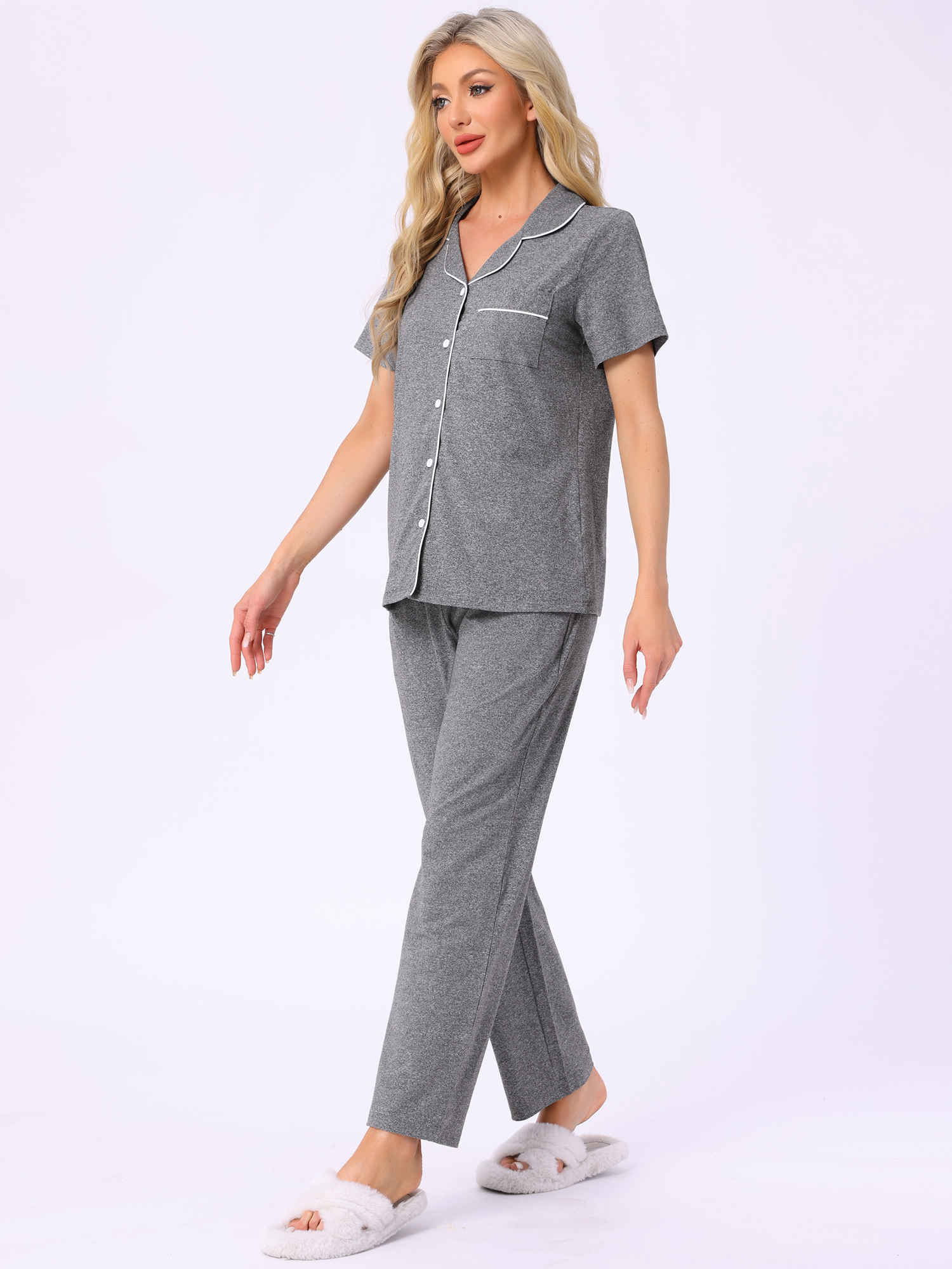 DARING DIVA Women's Pajama Set Button Down Soft Short Sleeve Long Pants S Deep Grey