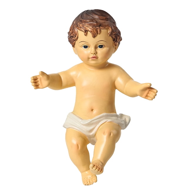 1 pieza de estatua de jesús bebé, adorno religioso de resina de santo bebé — vista frontal centrada de figura blanca de resina del niño Jesús con brazos abiertos y piernas ligeramente flexionadas, cabello pintado café, ojos y rasgos faciales definidos, paño blanco en la cintura y acabado liso; tamaño compacto apto para repisas, mesas, oficinas o iglesias y recomendado como adorno religioso o regalo para creyentes.