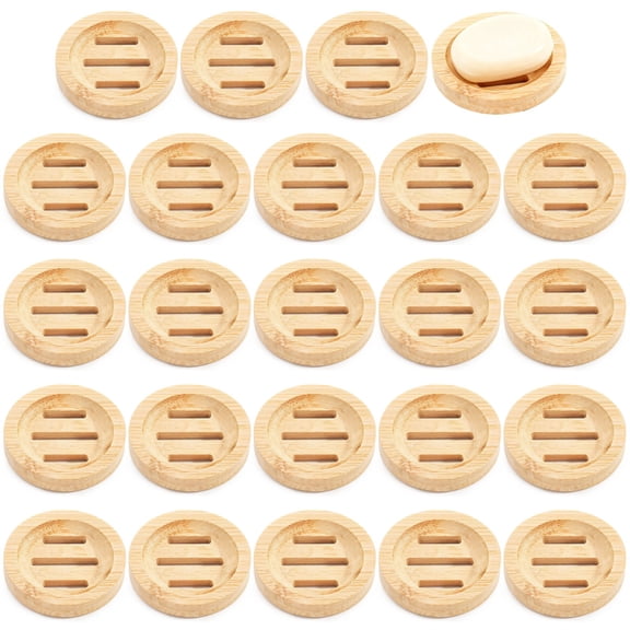 24PCS Wooden Soap Dishes, 8cm Round Wood Soap Tray with Drain Slots, Waterproof Coated Holder for Bathroom Shower, Shampoo Bar Stand, Sponge Storage Tray
