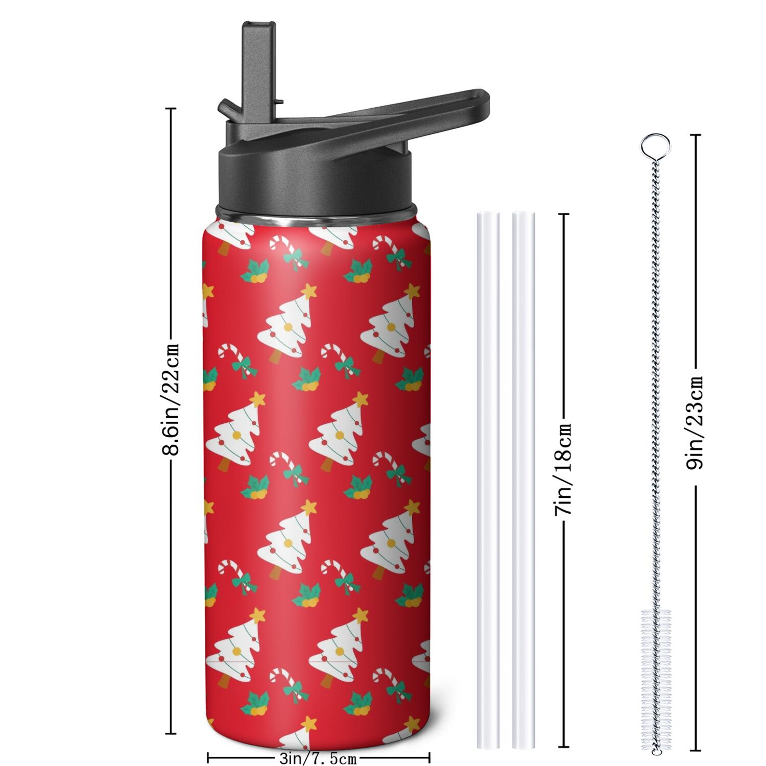 Christmas 18 oz Insulated Stainless Steel Water Bottle with Straw & Cleaning Brush , Leakproof, BPA-Free, 304 Stainless Steel, Wide Mouth, Travel Mug for Car, Gym, Office
