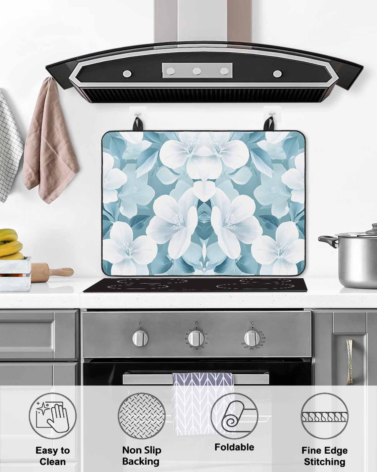 nqOlkjepod Large Induction Cooktop Protector Mat 24"x21", Watercolor Flowers Stove Top Covers for Electric Stove, Spring Vintage Blue Floral Botanical Stove Burner Cover Mats, Glass Top Stove Cover