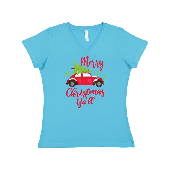 Inktastic Merry Christmas Ya'll with Red Car and Tree Women's V-Neck T-Shirt