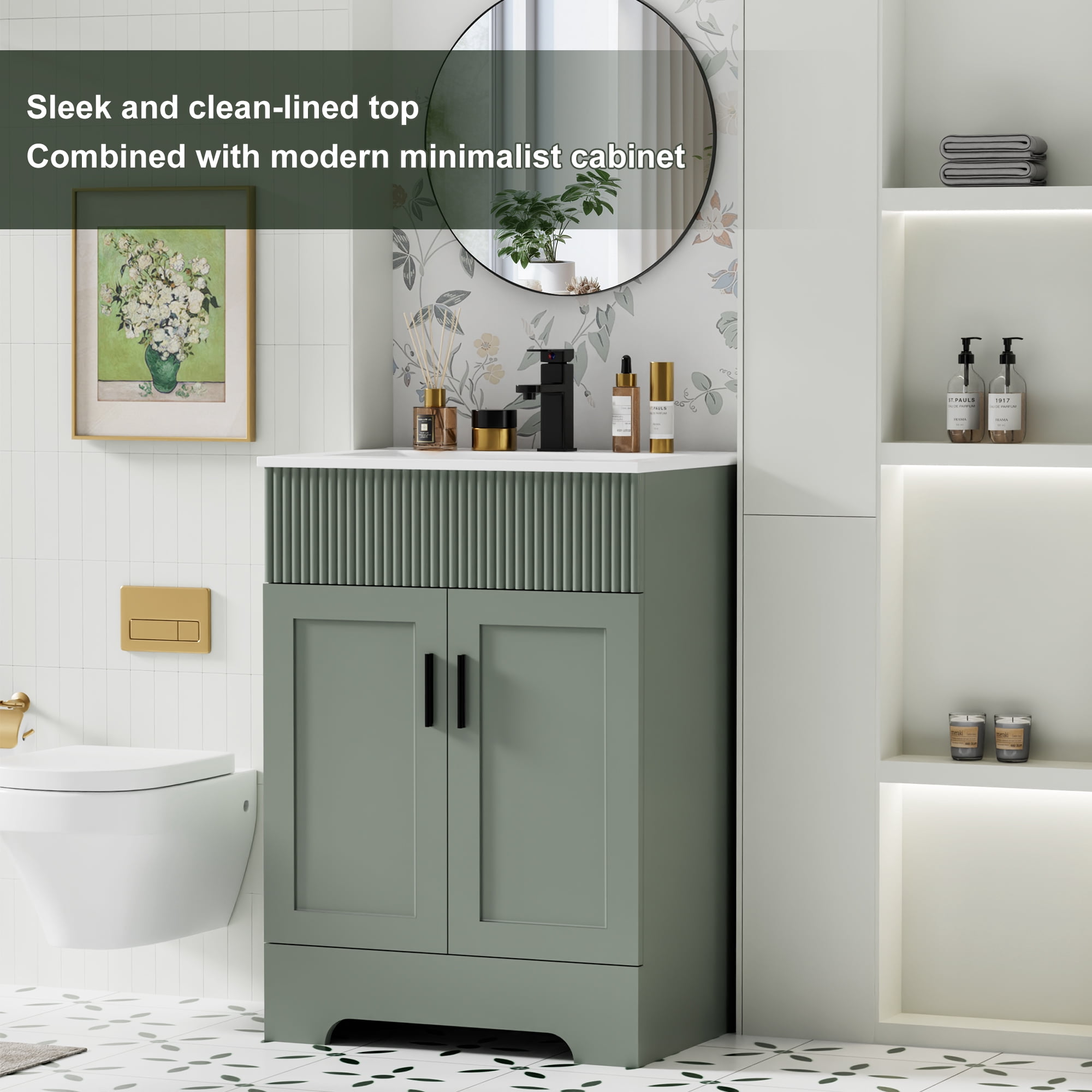 24" Mid Century Modern Single Bathroom Vanity with Ceramic Sink Top, Zinc Alloy Faucet, Painted Surface