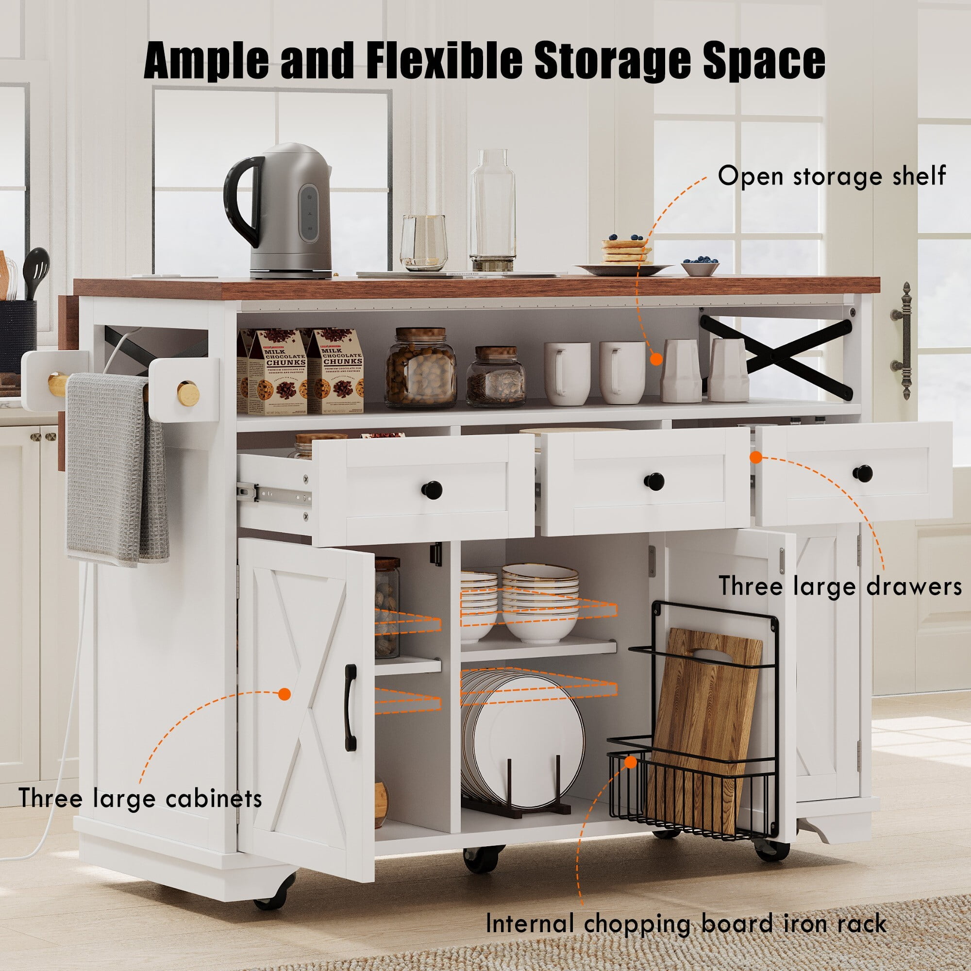 DEALTOPS Farmhouse Kitchen Island Storage Cart with Drop Leaf, Power Outlet, Beaded Accent, White