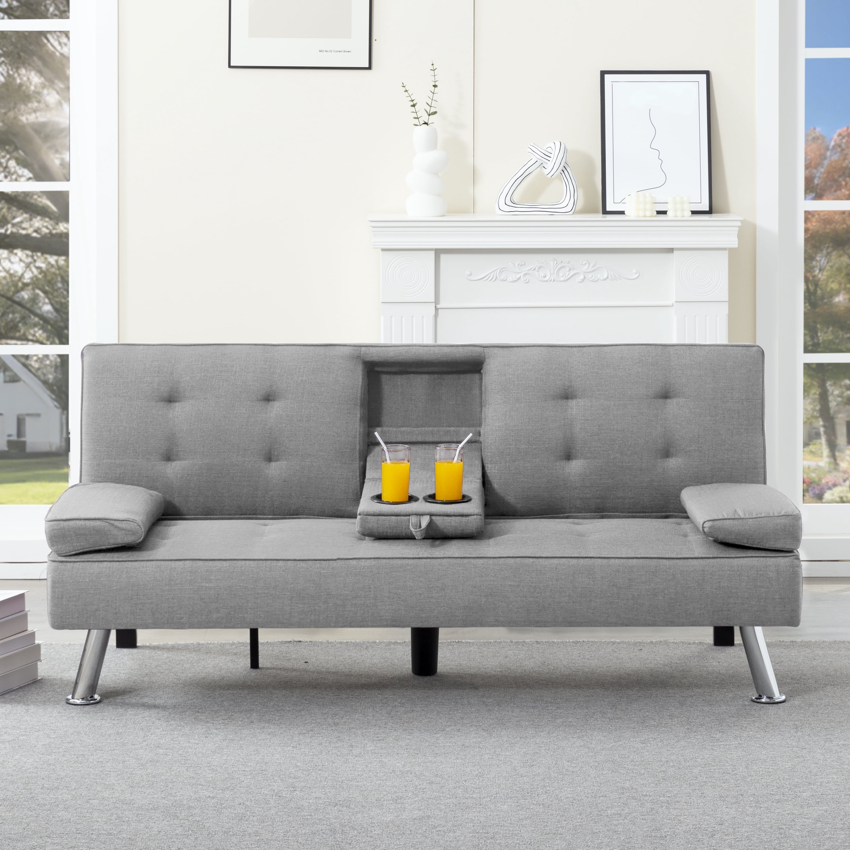 Gewnee 65.35" 3‑in‑1 Convertible Futon Sleeper Sofa,Sofa Bed with Cup Holders & Storage Bag ,Polyester Foldable Sleeper Couch with Adjustable Backrest for Small Apartments & Office，Light Grey