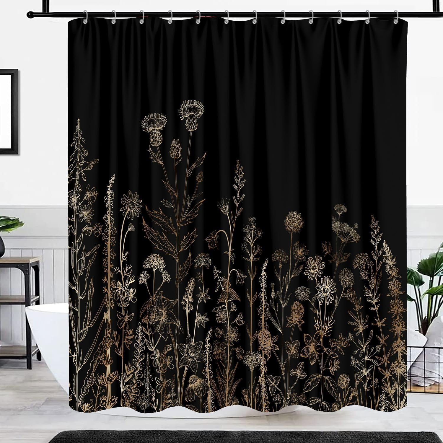 Vintage Black and Gold Boho Shower Curtain, Black and Tan Cream Floral Aesthetic Dark Wildflower Botanical Flowers Shower Curtain for Bathroom with Hook,Farmhouse Plant Art Chic Shower Curtain 72X72