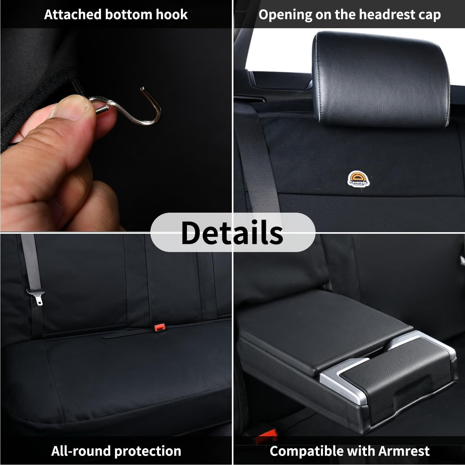 Coverado Back Car Seat Covers, Waterproof Canvas Rear Seat Protectors, Auto Interior Cushions Universal Fit for Kids & Dogs, Black