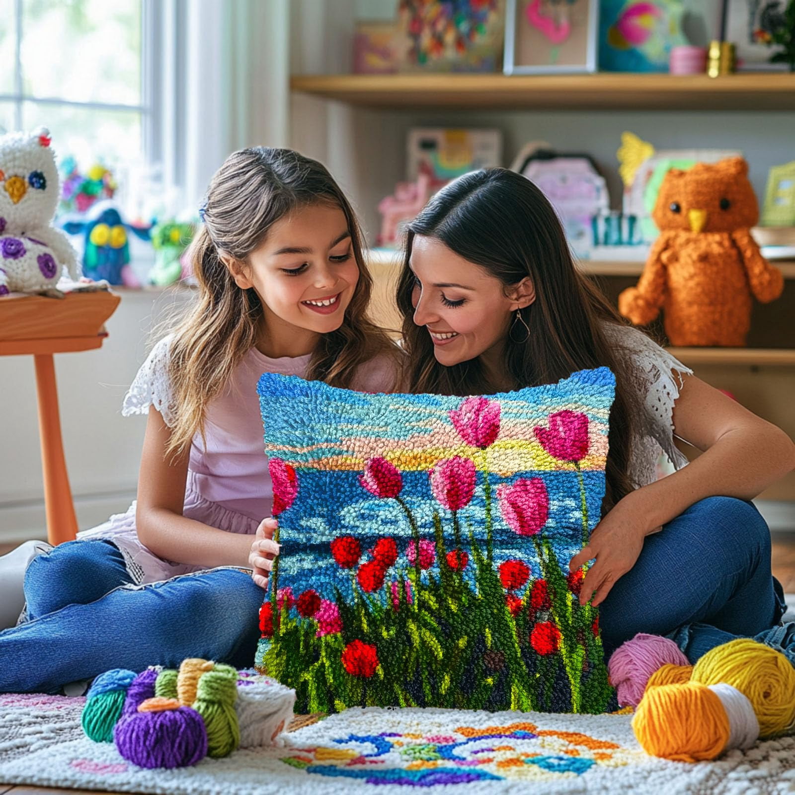 Seaside Flower Tulips Sunset DIY Latch Hook Pillow Kits for Adults Printed Pillowcase Crochet Yarns Hooking Handmade Pillow Cover Cushion for Home Sofa Decoration 17x17inch(2)