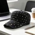 thumbnail image 4 of Byfri Studded Cadet Cap Black Cotton Adjustable Flat Top Hat for Men Women Streetwear, 4 of 7