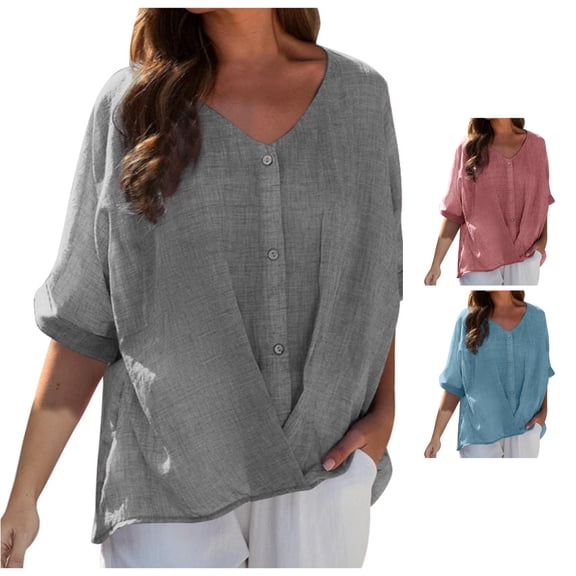 HCYSFG Womens Oversized Blouse V Neck Short Sleeve Solid Color Button Front Loose Fit Casual Shirt Summer Everyday Wear Tunic Tops