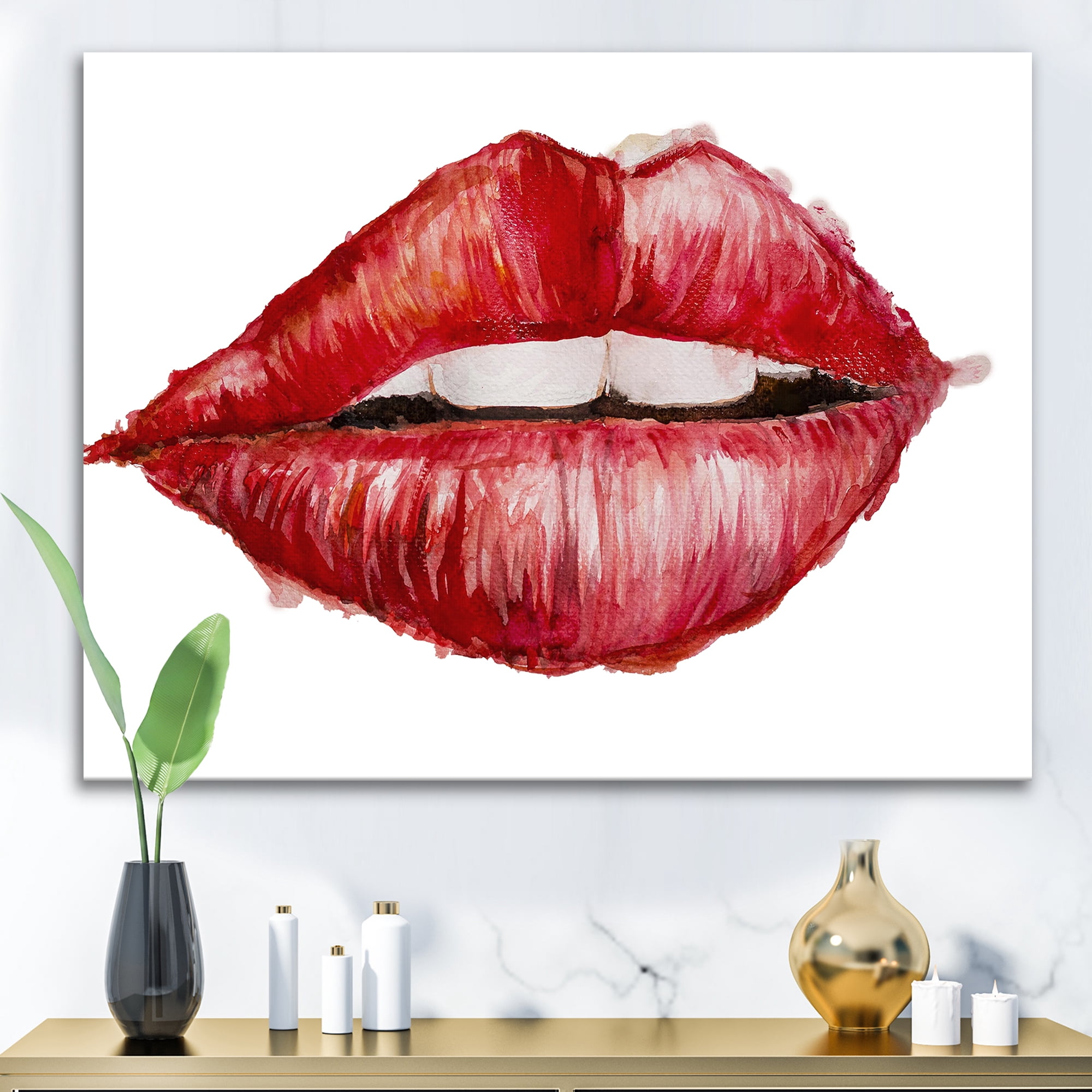 Designart ' Valentines Day Red Female Lips ' Modern Canvas Wall Art Print