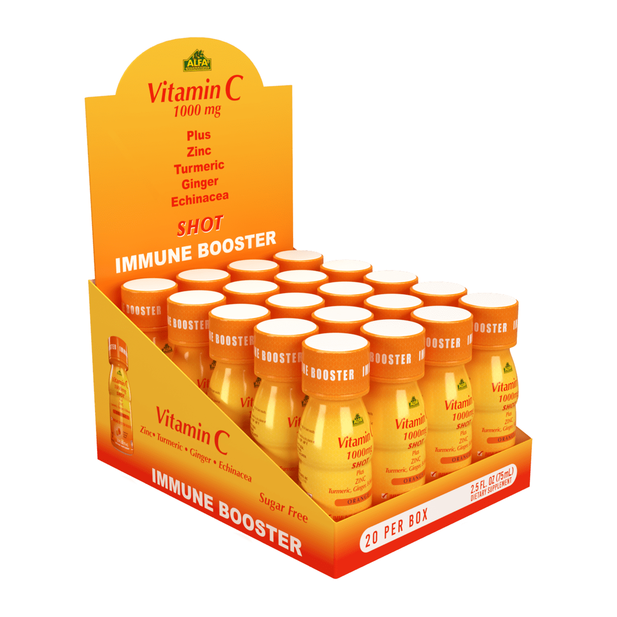 Alfa Vitamins Vitamin C 1,000mg Shot - Plus Zinc,Turmeric, Ginger, & Echinacea - Immune system Booster - Orange Flavor - 2.5 FL oz individual bottles - 20 Pack