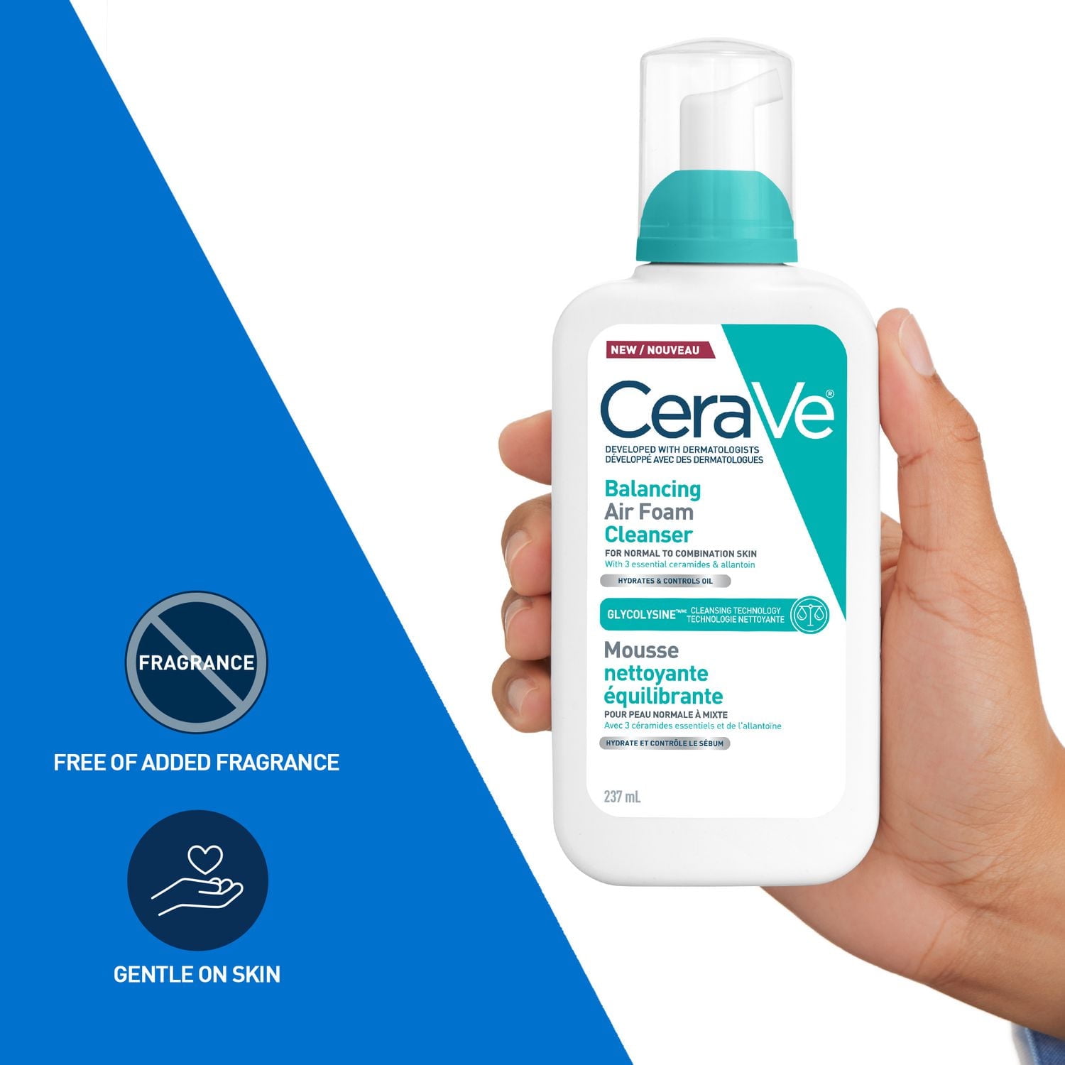 CeraVe Nettoyant Moussant Équilibrant, Gel Avancé avec Technologie Glycolysine pour Peau Normale à Mixte, 237 ml