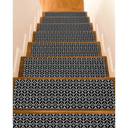 Geometric Stair Treads for Wooden Steps Indoor Runner Rug Carpet Modern Abstract Lines Texture Black 10 Pieces Peel and Stick Staircase Step Treads Covers Washable Throw Door Mats 30 x8