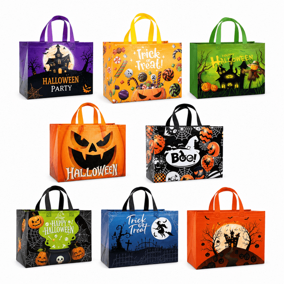 SUCUUI 8 Pcs Large Halloween Tote Bags with Handles, Reusable Trick or Treat Bags for Kids, Happy Halloween Candy Gift Bags, Party Supplies