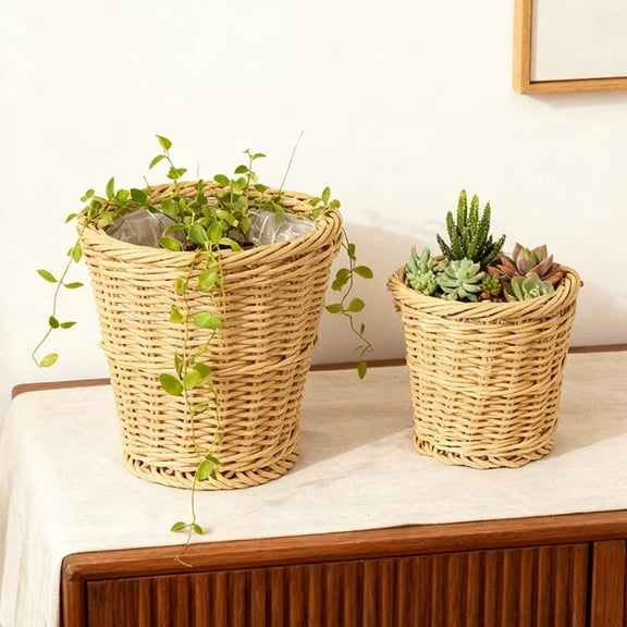 Natural Beige Hand Woven Rattan Plant Pots 6 Inch, Rustic Nordic Decorative Planters For Indoor Desktop Balcony Succ Herb Greenery Display