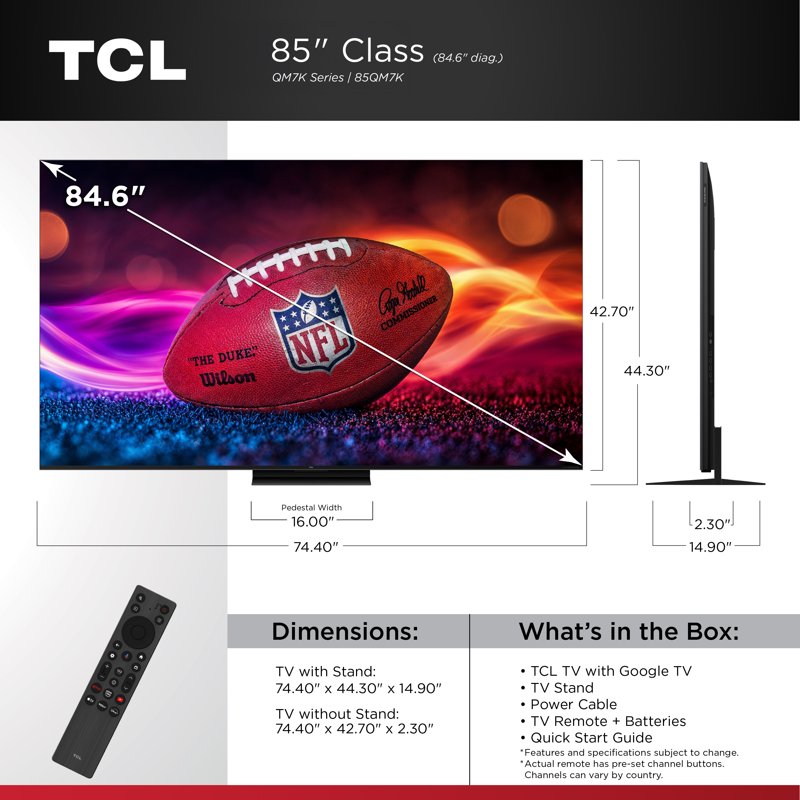TCL 85" Class QM7K Series QD-Mini LED QLED 4K UHD Smart Google TV (NEW, 2025) - 144Hz, Local Dimming, Audio by Bang & Olufsen - 85QM7K front and back view