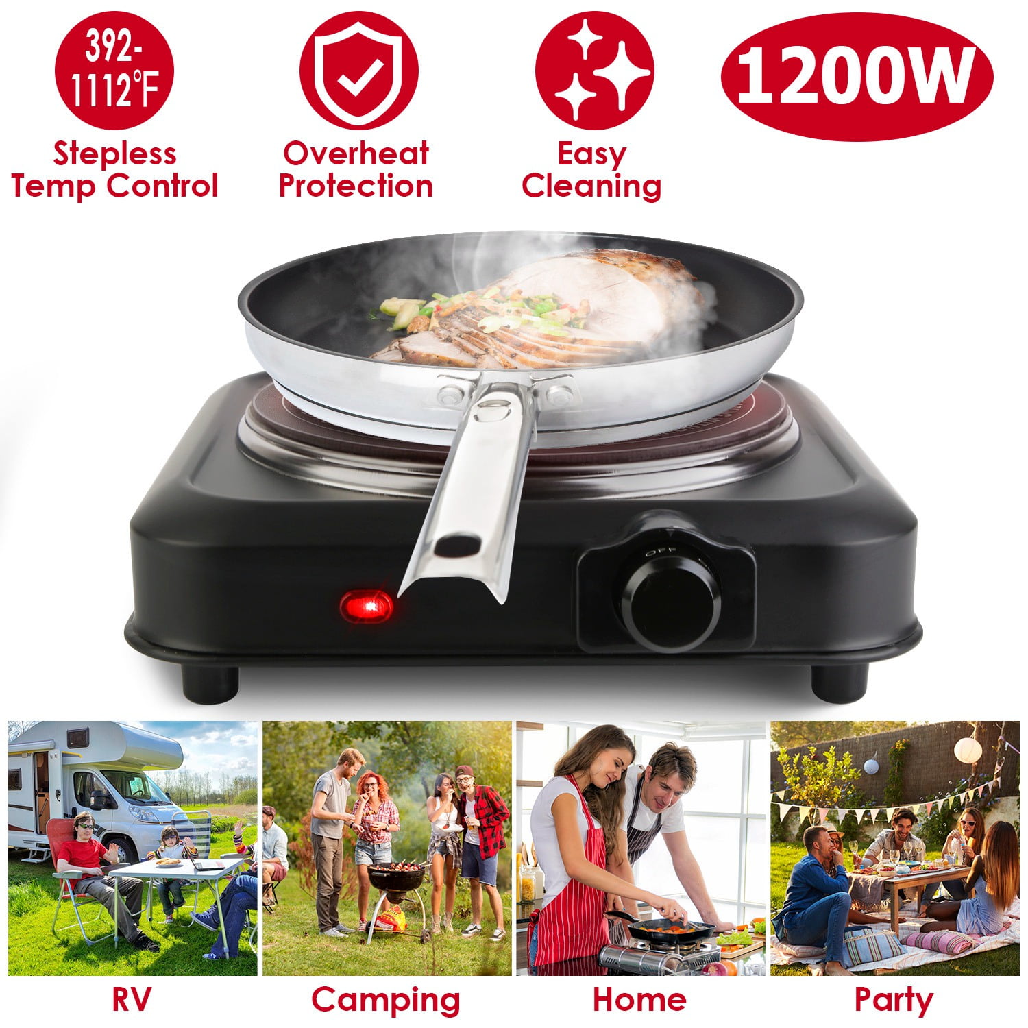 iMounTEK 1000W Single Hot Plate Electric Burner with 7.5” Glass Cooktop Stepless, Infrared Countertop Burner, Black
